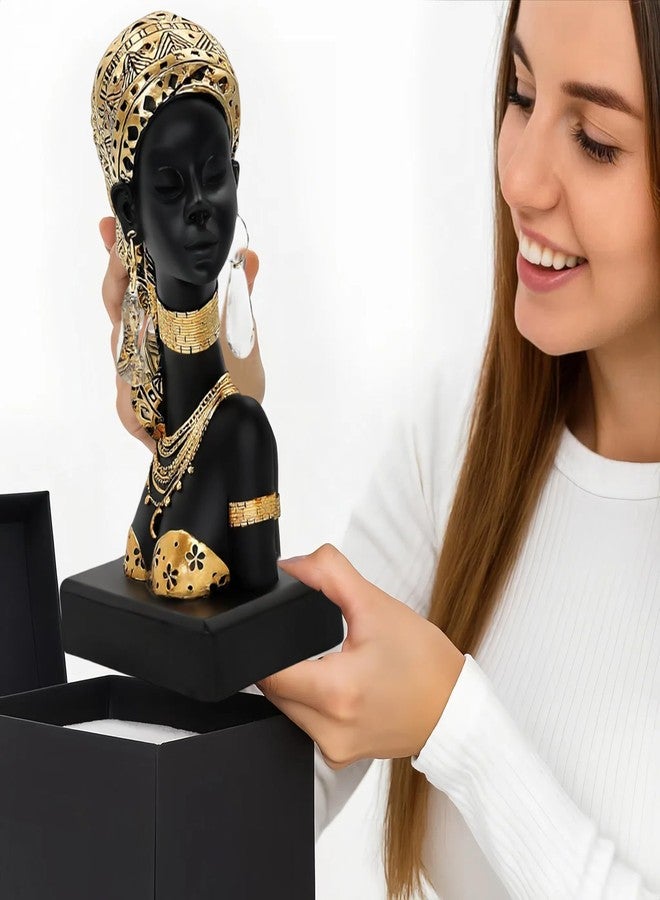 Dwelloria African Woman Resin Bust Sculpture with Crystal Earrings - Tribal Lady Figurine in Gold Headdress for Home Decor, Black and Gold Accent Statue for Shelf, Table, Office, Gift for Women - Image 3